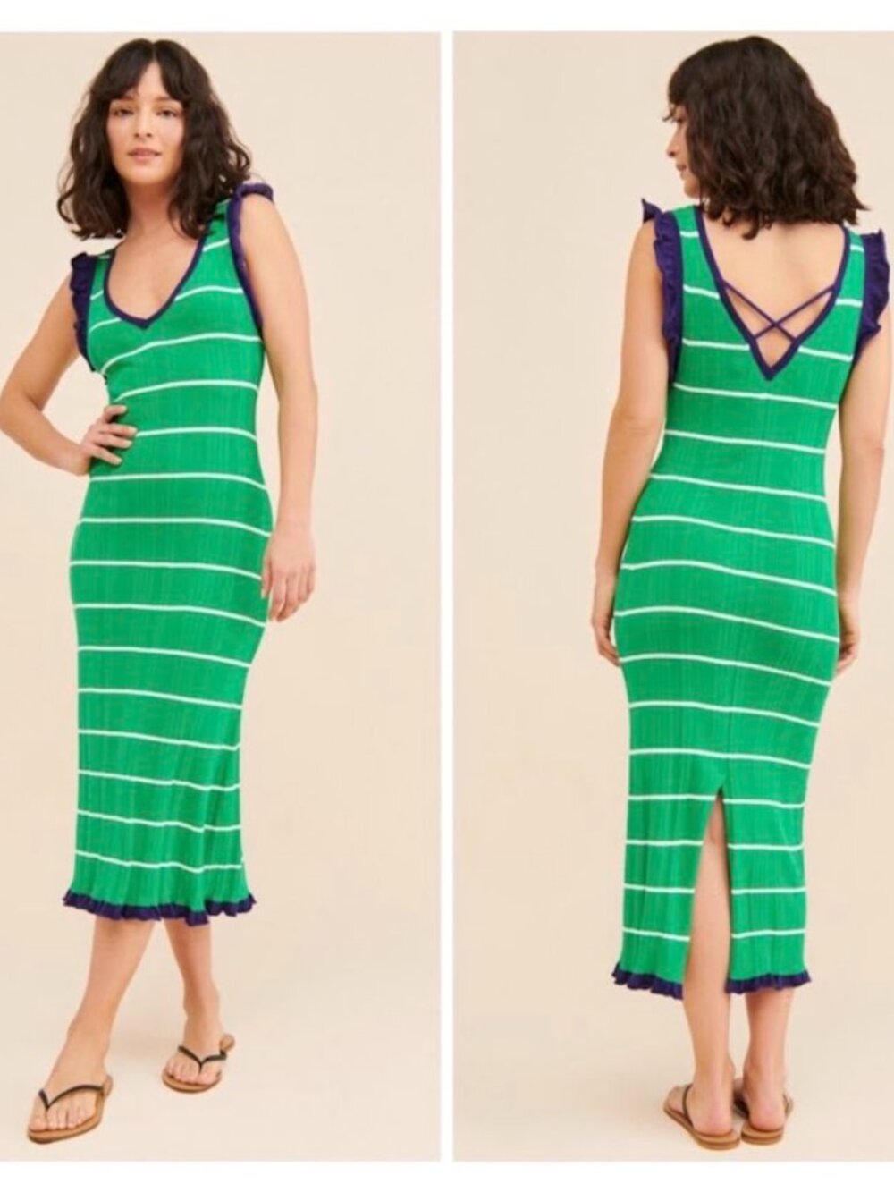 Daily Practice by Anthropologie Green Striped Rib Knit Ruffle Midi Dress